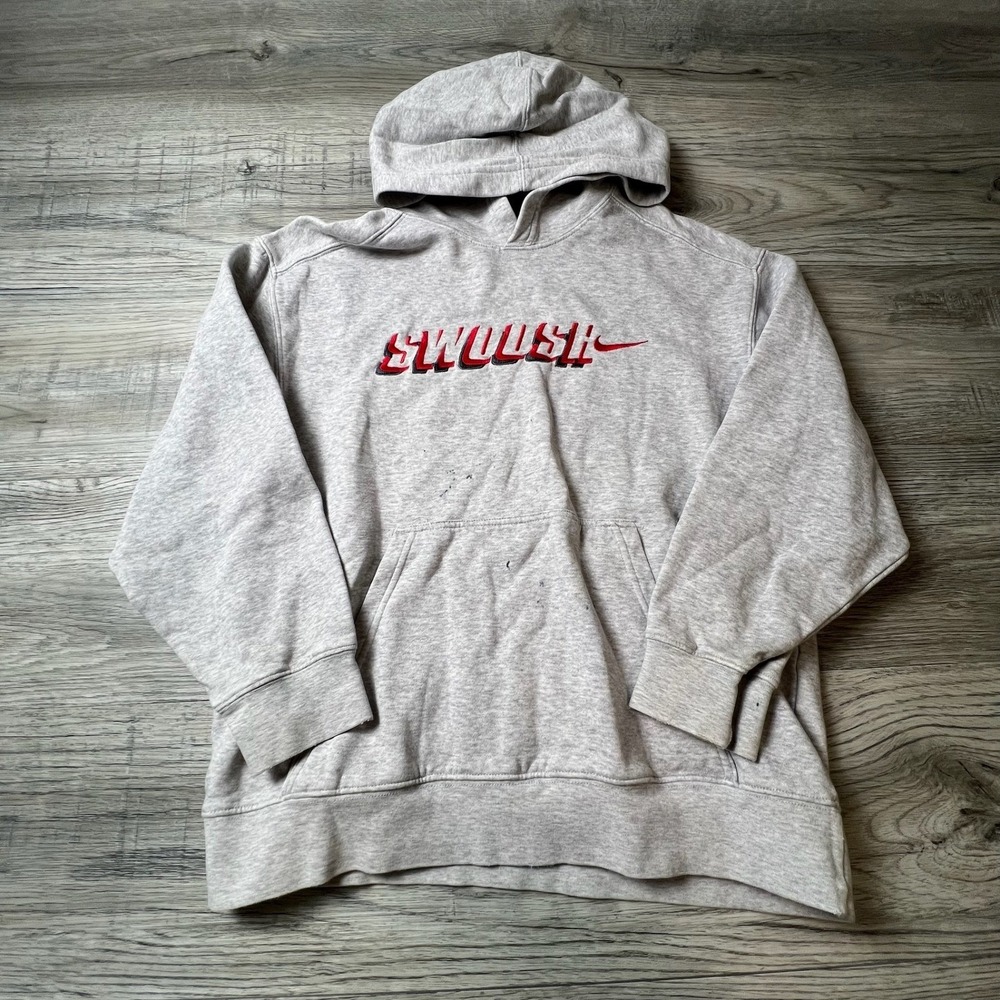 Nike Hoodie Boys L Gray Red Swoosh‎ Graphic Pullover Sweatshirt Embroidered Logo